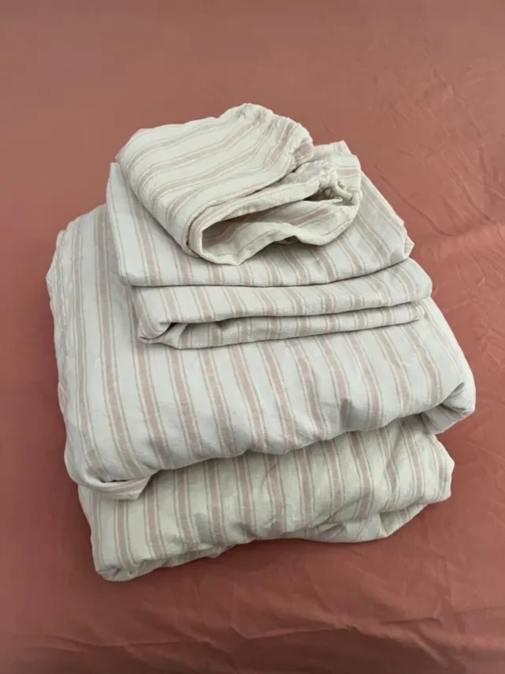 Queen Bed Linen Blend Sheets 4pc Set Cotton Pink Classic Pink Stripe 16" Deep
